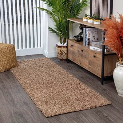 Image de Surya Home Tapis Shaggy Uni de Couloir, Salon, Salle à Manger, Chambre, Cuisine, Entrée Poil Long Moelleux et Doux, Beige Motif Berbère, Grand Chambre Monochrome 80x220cm
