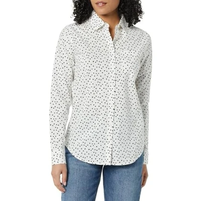 Image de Amazon Essentials Chemise en Popeline Boutonnée à Manches Longues Coupe Classique Femme, Noir Blanc Points, L