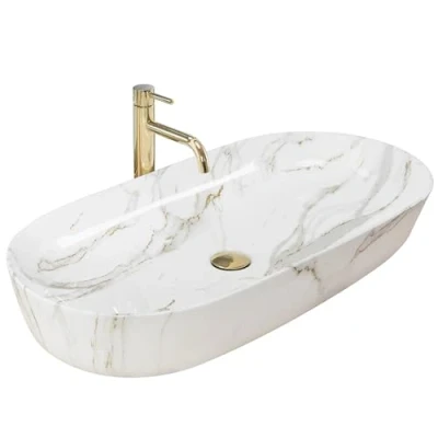 Image de Rea Vasque à poser CLEO 81 Shiny Aiax Lavabo Salle de Bain 810 x 410 135 mm en Céramique (Blanc, imitation marbre)