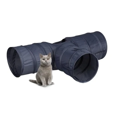 Image de Relaxdays Tunnel de Jeu pour Chat, Pliable, HLP : 25 x 86,5 53 cm, 3 Voies, Jouet Petits Animaux, Polyester, Gris