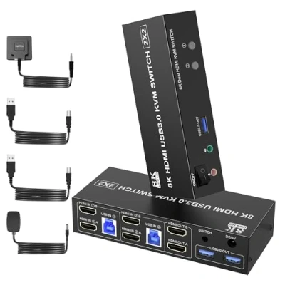 Image de 8K60Hz HDMI Dual Monitor KVM Switch 2 PC Monitors, USB 3.0 Commutateur pour Ordinateurs Partager Écran et 3 Ports Partage Clavier, Souris