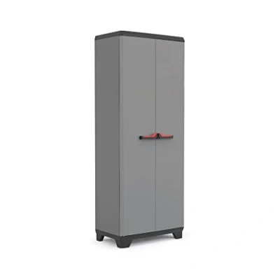 Image de Keter Armoire Haute STILO de Rangement Verrouillable Étagères et Pieds Ajustables, Poignée Soft Touch Cuisine, Garage, Atelier, Placard 68 x 39 173 cm Gris/Noir/Rouge