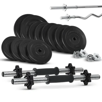 Image de ArtSport Ensemble d&#039;haltères courts de musculation 3 en 1 avec 2 haltères courts, haltère long et curl SZ 12 poids 60kg fermetures étoile