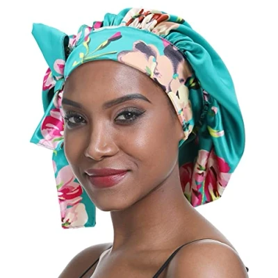 Image de SENGTERM Bonnet de Nuit en Soie Femme aux Cheveux Satin Large Bande Soyeuse élastique à Double Couche pour Femmes Noires Longs et bouclés (Green Flower)