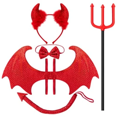 Image de Spooktacular Creations Ensemble de 5 pièces pour Halloween avec ailes diable rouges, fourche diable, nœud papillon, bandeau corne en paillettes et queue Accessoires