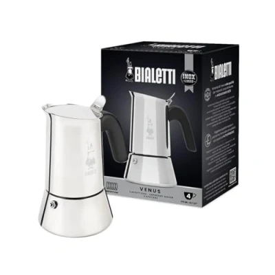Image de Bialetti Nouvelle machine à expresso italienne Venus Induction en acier inoxydable, adaptée tous les types d&#039;assiettes, 4 tasses café (170 ml), argentée, Argent