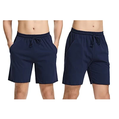 Image de Irdcomps Bas de Pyjama Homme Coton Pantalon Shorts Bermuda Court Doux Short Jogging Sport Décontracté Vêtements Nuit Élastique Ajustable et Poches d&#039;été 2PCS Bleu XL