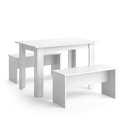 Image de Vicco Ensemble de Table à Manger Sentio, Blanc, 110 x 70 cm avec 2 bancs