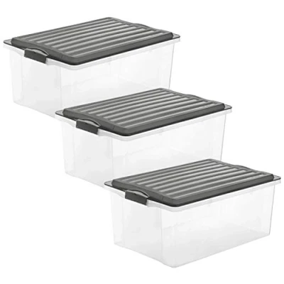 Image de Rotho Compact Ensemble de 3 Boîtes Rangement 38 l avec Couvercle, Plastique (PP) sans BPA, Anthracite/Transparent, X A3/38 (57,5 40,0 25,0 cm)