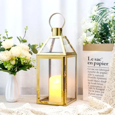 Image de JHY Design lanternes décoratives Or à Bougie en Acier Inoxydable, 34cm de Hauteur Lanterne Suspendue pour Bougies intérieur extérieur Cadeau Mariage Hall d’entrée Salon