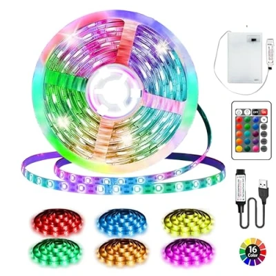 Image de bande LED à piles, 3 m, 90 RVB 5050, alimentée par piles ou USB, avec intensité variable, 16 couleurs, peut être coupée pour rétroéclairage TV, chambre coucher, armoire, décoration de fête