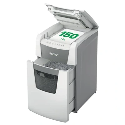 Image de Leitz IQ 80130000 Destructeur de Documents Coupe Croisée Sécurité P4 pour Bureau, Automatique, Capacité 150 Feuilles, Corbeille 44 litres, Blanc