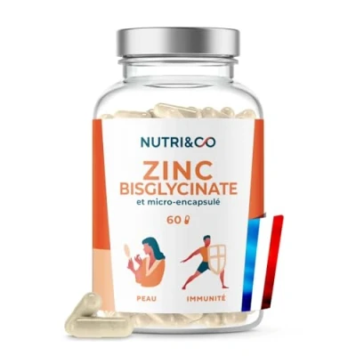 Image de NUTRI &amp; CO Zinc Bisglycinate Breveté TRAACS® + Sélénium Bio Actif Haute Absorption 100% des AR en 1 gélule Complément Alimentaire Immunité Peau Cheveux Fertilité 60 gélules Fabriqué France