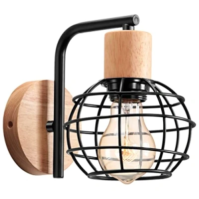 Image de LIGKIN Applique Murale Industrielles, E27 Bois Cage en Métal Vintage Wall Decoration, Luminaire Interieur Rétro Lampe pour Salon Salle à Manger Couloir, 13,5cm Noir