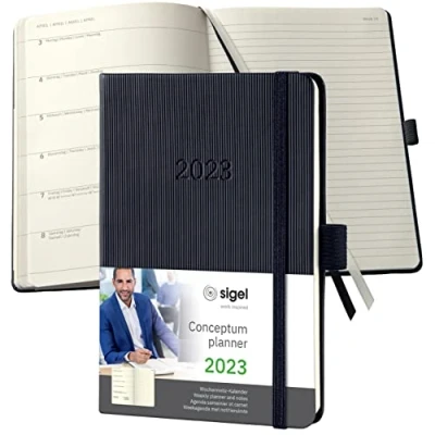 Image de SIGEL C2315 Agenda Semainier et Conceptum 2023, environ A6, Noir, Hardcover, 2 Pages = Semaine à Gauche/Pages Notes Droite, 176 S.