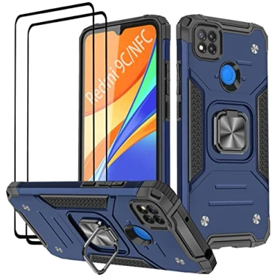 Image de KANSI Coque Compatible pour Xiaomi Redmi 9C NFC/Redmi 9C, Verre Trempé [2 Pièces] Housse TPU Silicone Rotation 360 Aimant Anneau Support Double Défense Protection Etui Bleu