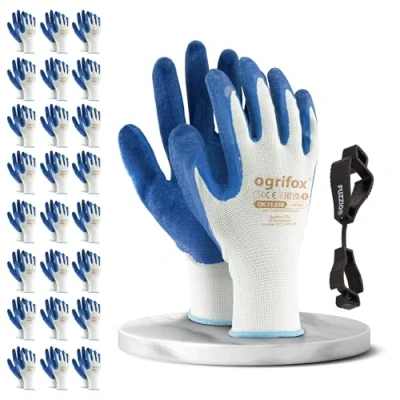 Image de FUZZIO 24 paires de gants travail Ogrifox enduits et porte gant avec clip pour (M 8, Bleu)