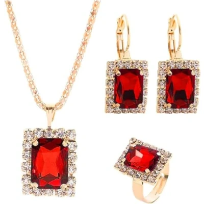 Image de FDEETY Ensembles de Bijoux Mariage Mode Pendentif Collier et Boucles d&#039;Oreilles Parure pour Femmes Filles (Rouge)