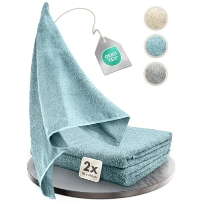 Image de Homewell Set de Serviettes moelleuses et si absorbantes 100% Coton certifiées Oeko Tex 100 (2 Bain 70x140 cm, Turquoise)