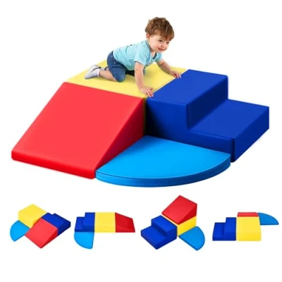 Image de VEVOR Jouets d&#039;escalade, 4 pièces, blocs d&#039;escalade en mousse pour tout petits de 6 mois à 3 ans, cuir PU, jeu d&#039;activités intérieur ramper, grimper et glisser, facile nettoyer