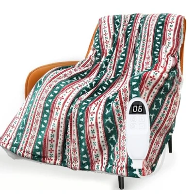 Image de PRANITE Couverture Chauffante Plaid Chauffant en Flanelle Sherpa avec 6 Niveaux de Chaleur, Arrêt Automatique après 10 Heures, Lavable Machine, 180x130 cm, Noël, Rouge