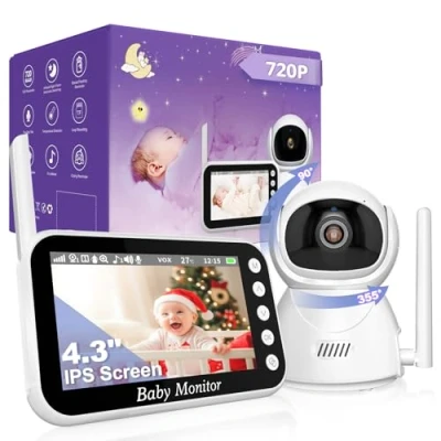 Image de OBVHNUA Babyphone Camera 4,3 Pouces 720P HD IPS Écran BabyPhones Enregistrement sur Carte SD Caméra Bebe sans Fil avec Vision Nocturne Pan Tilt Zoom VOX Audio Bidirectionnelle Température 8 Berceuses
