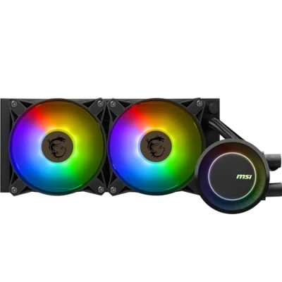 Image de MSI MAG CORELIQUID E240 Kit Watercooling CPU, Plaque Froide en Cuivre Agrandie, Tête Waterblock ARGB &amp; Ventilateurs FDB, Double Chambre, Radiateur Split Flow, Mystic Light, Compatible AMD Intel
