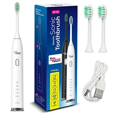 Image de Promedix PR 740 W Brosse à Dents électrique sonique avec étui de Voyage 5 Modes Nettoyage 2 têtes minuterie Minutes IPX7 Charge USB étanche Blanc