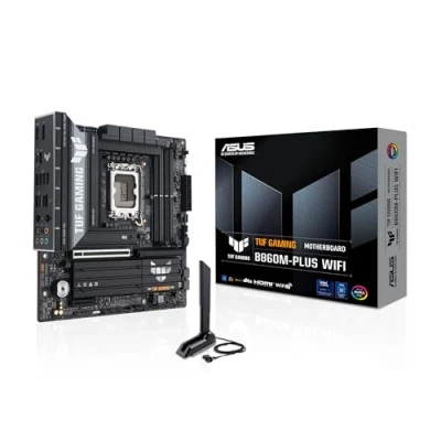Image de ASUS TUF Gaming B860M PLUS WiFi, Carte mère Intel mATX, 12+1+2+1 80A étapes d&#039;alimentation DrMOS, DDR5, PCIe 5.0, 3 emplacements M.2, Wi FI 7, Realtek 2,5 Go Ethernet, DisplayPort, HDMI, USB 20 Gbps
