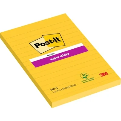 Image de Post it Notes Super Sticky 102 x 152 mm 75 feuilles Lignées Jaune Jonquille Lot de 6 blocs