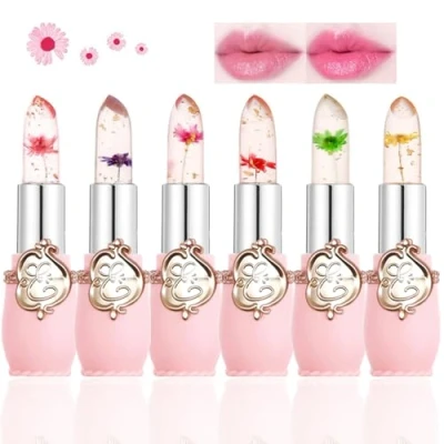 Image de 6 Pcs Beauté Jelly Lipstick, Fleur Température Changement de couleur rouge à lèvres, hydratant longue durée imperméable Baume lèvres(Noir)