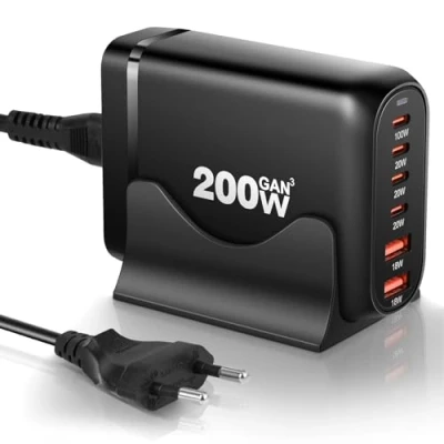 Image de Blumacht Chargeur USB C Rapide Multiple, 200W 6 Port GaN III Prise Telephone Portable Multi Secteur Adaptateur avec 4 et 2 A pour MacBook Pro, iPhone, iPad Galaxy