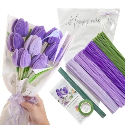 Image de YYUENG TAK cure pipe artisanal pour bouquet de tulipes violettes, ensemble fleurs pipe, 200 pièces fil chenille (4 couleurs) violet et vert, avec instructions