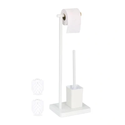 Image de Relaxdays Serviteur WC, HxLxP : 66,5x23x18 cm, Support Papier Toilettes, Brosse et Porte Brosse, Acier Inoxydable, Blanc