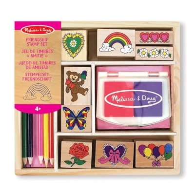 Image de Melissa &amp; Doug Jeu de timbres en bois L&#039;amitié, Tampons, Cadeau pour filles et garçons, 9 timbres, tampon d’encre, 5 crayons, Jouet créatif, Loisirs créatifs garçons 3 4 6 7 ans