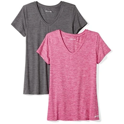 Image de Amazon Essentials T shirt Tech Extensible à Manches Courtes et Col en V (Disponible Grande Taille) Femme, Lot de 2, Charbon Chiné Teinture Spatiale/Rouge Framboise Spatiale, XXL