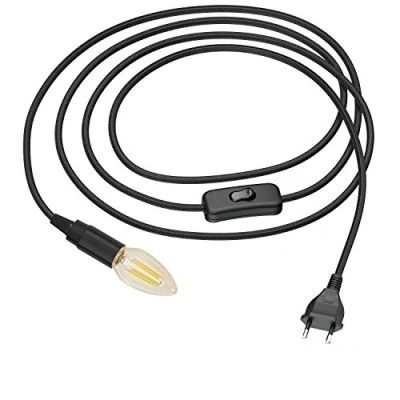 Image de ledscom.de Câble textile LEHA avec fiche et interrupteur noir 3m incl. ampoule LED E14 4,1W 458lm, blanc extra chaud