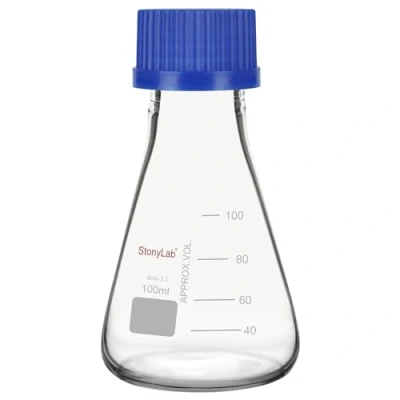Image de stonylab Fiole Erlenmeyer avec Bouchon à Vis Bleu, Graduée, en Verre Borosilicaté pour Laboratoire, 100 ml