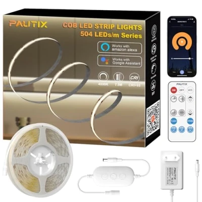 Image de PAUTIX Ruban LED COB 7,5m, 3780LED à Intensité Variable Fonctionne avec WiFi Smart APP et RF Télécommande, 24V Blanc Naturel 4000K Lumières CRI93 sur Secteur pour Cuisine Intérieure, Armoires
