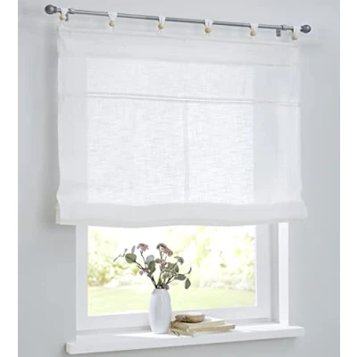 Image de Woody Store romain blanc avec passants et boules en bois, pur coton, aspect lin, largeur 80 cm x hauteur 140