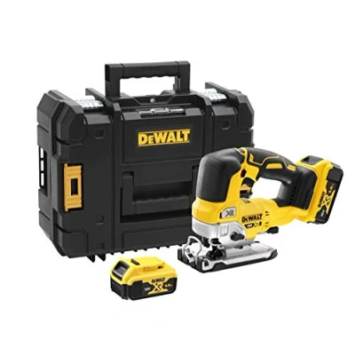 Image de DEWALT Scie Sauteuse à Poignée Supérieure Brushless XR 18V 5 Ah DCS334P2 QW sans Fil avec Coffret TSTAK, 2 Batteries et Chargeur Courses Vide 3200tr/min Coupe Bois 135mm / Acier 10mm