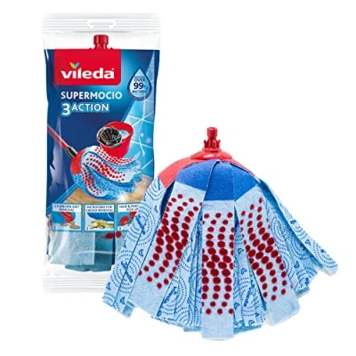 Image de Vileda Recharge SuperMocio 3Action, paquet de 1, pour tous les systèmes balai espagnols Vileda, tout type sol, Retire plus 99 % des bactéries avec juste l’eau
