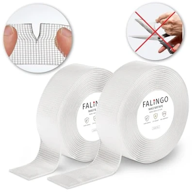 Image de FALINGO Ruban adhésif double face déchirable à la main Nano Tape extra fort coller au lieu de percer réutilisable transparent 2 rouleaux (3 cm x 3 m)