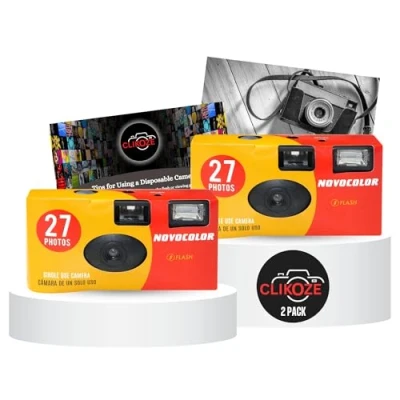Image de Appareil photo jetable avec Novocolor APM401004 à usage unique 27 poses x 2 et carte d&#039;astuces jetables Clikoze pour photographie