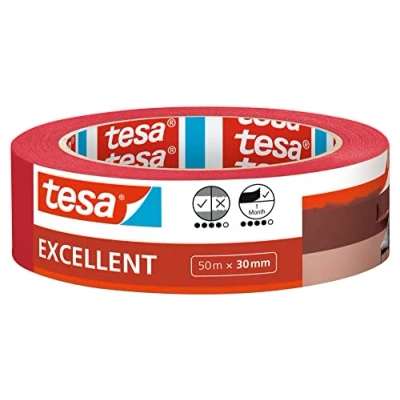 Image de tesa Excellent Ruban de Masquage Pour Peinture avec Support en Papier Fin Toutes les Peintures, Vernis et Laques Usage Intérieur 50 m x 30 mm Rouge
