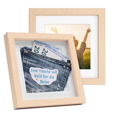 Image de PHOTOLINI Cadre Photo 3D à remplir 20 x cm Naturel, Set de 2 Cadres boîte Profond avec Passe Partout, pour Objets jusqu&#039;à 1,5 cm, Bois MDF, Verre Les Loisirs créatifs &amp; comme Cadeau