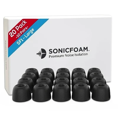 Image de SONICFOAM Lot de 20 Embouts en mousse à mémoire forme Isolation acoustique qualité supérieure rechange pour écouteurs intra auriculaires (SF1 L, noir)