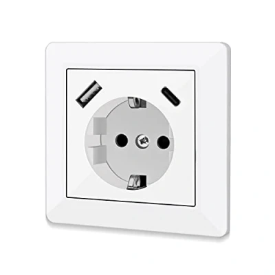 Image de Prise Schuko avec port USB et type C (max. 5 V 3,4 A) brillant Encastrée Système 55 Blanc pur murale contact de protection