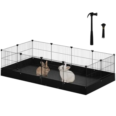 Image de EUGAD Enclos pour Lapin Extérieur, Cage Cochon d&#039;Inde avec Tapis de Fond, Parc Modulable Flexible Porte, Petits Animaux, Cavia, Hamsters, en Métal Grillagé, Noir, 140x71x37 cm
