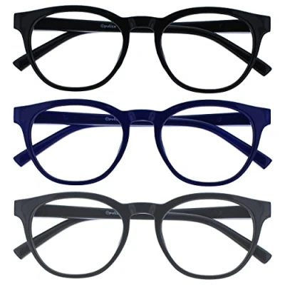 Image de OPULIZE Blu Lunettes Anti Lumière Bleue Pack de 3 Montures Rondes et Cool Charnières à Ressort Améliore le Sommeil Jeux Ordinateur Noir Bleu Gris Hommes Femmes BBB5 137 +0.00